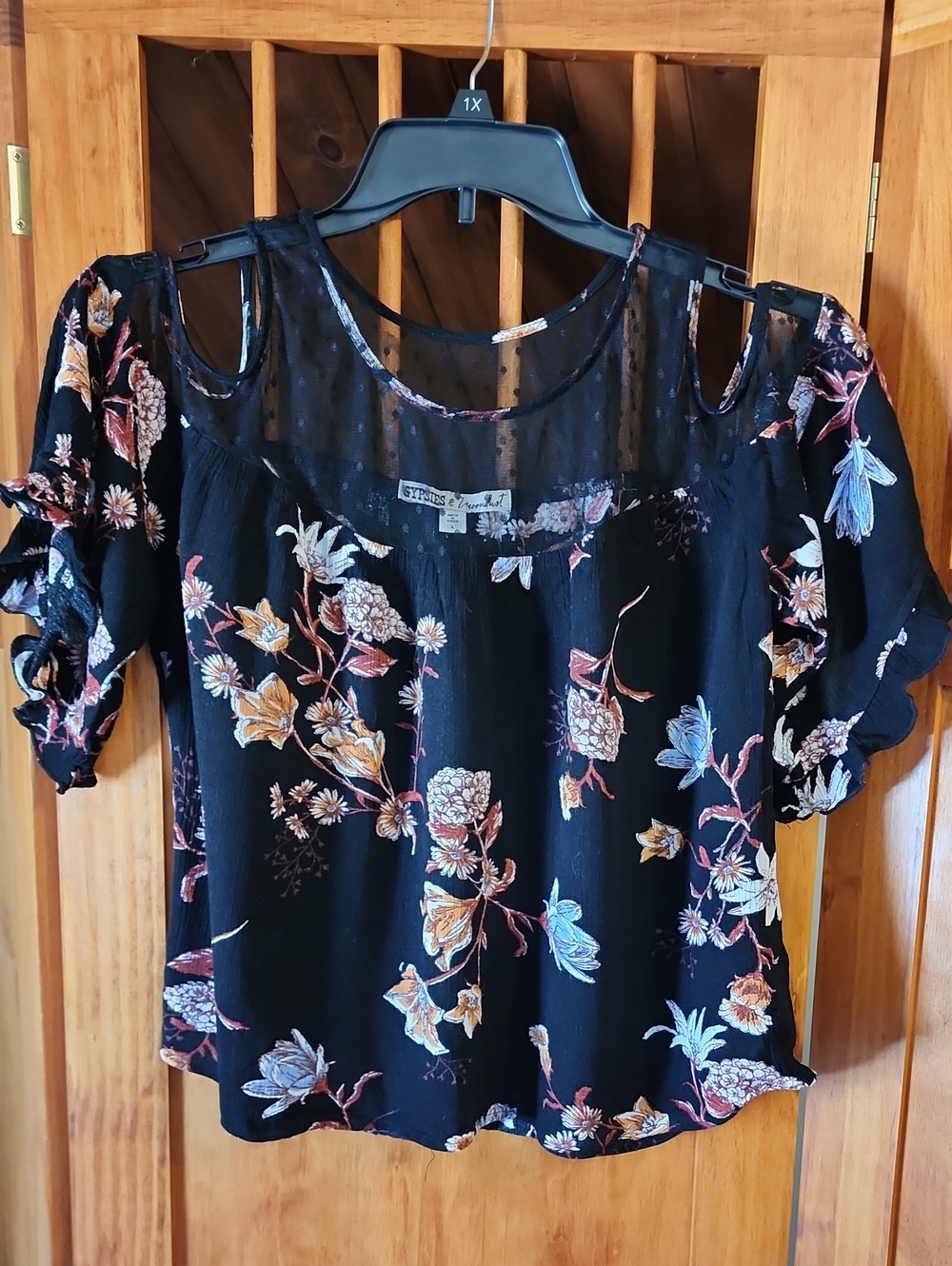 Gypsies & Moondust Black Floral Cold-Shoulder Blouse